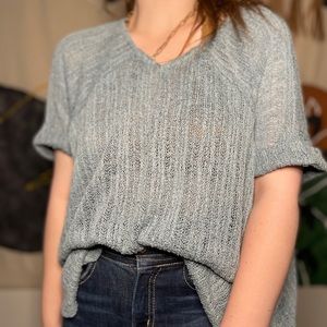 Blue Short Sleeved V-Neck Lightweight Sweater